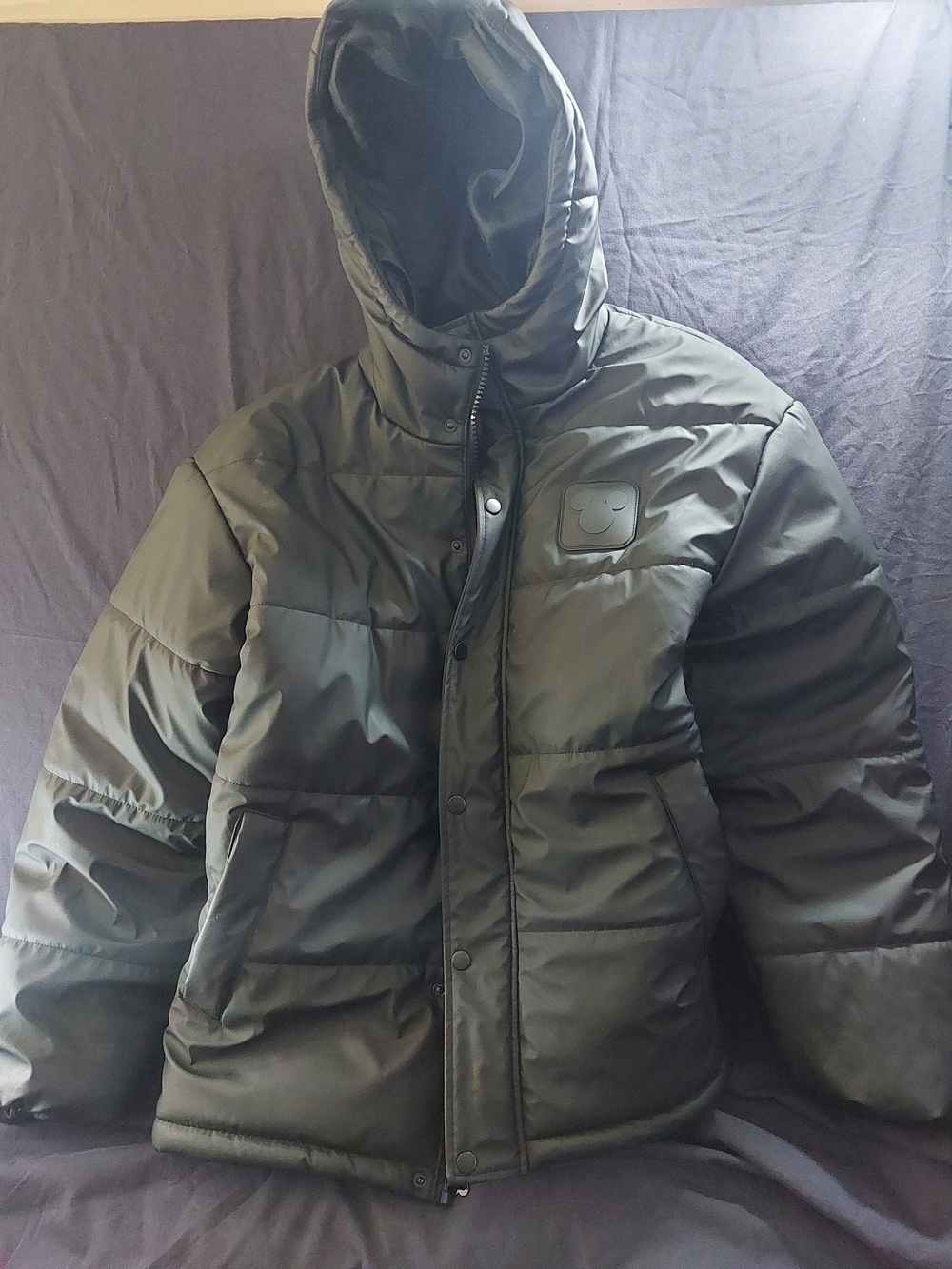 Men's Hooded Puffer Jacket in Olive Green with Logo Patch